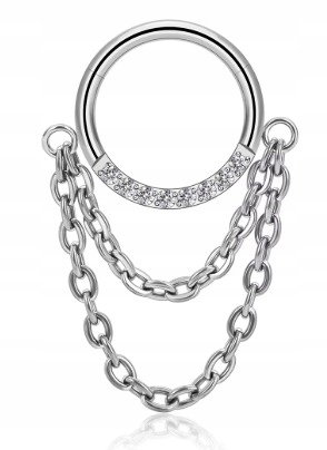 Tytanowy Kolczyk Clicker PIERCING z Łańcuszkiem Cyrkonie HELIX Lobe 1,2/8