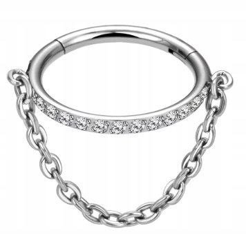 Tytanowy Kolczyk Clicker PIERCING z Łańcuszkiem Cyrkonie HELIX Lobe 1,2/8