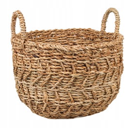 OKRĄGŁY KOSZ BOHO Z TRAWY MORSKIEJ Z UCHWYTAMI 33x33x22/30 cm