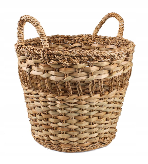 OKRĄGŁY KOSZYK BOHO Z TRAWY MORSKIEJ Z UCHWYTAMI 36x36x32/40 cm