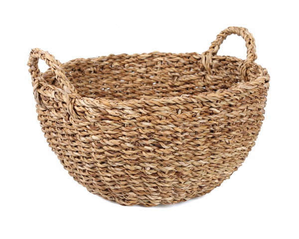 OKRĄGŁY KOSZ BOHO Z TRAWY MORSKIEJ Z UCHWYTAMI 35x35x15/19 cm