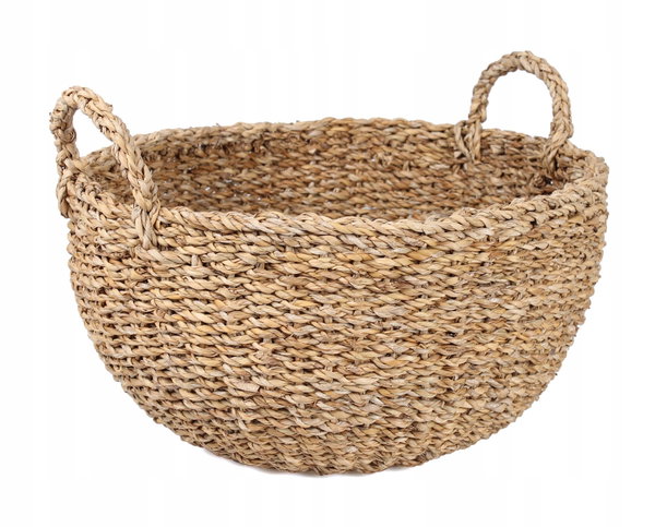 OKRĄGŁY KOSZ BOHO Z TRAWY MORSKIEJ Z UCHWYTAMI 42x42x21/27 cm