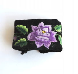 CZARNA BRANSOLETKA FOLK - HAFT ŁOWICKI - FIOLETOWA RÓŻA AKSAMIT