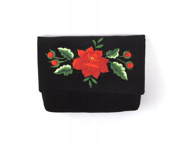 CZARNA KOPERTÓWKA FOLK Z HAFTEM ŁOWICKIM - CZERWONA RÓŻA HANDMADE