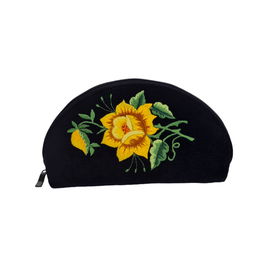CZARNA KOSMETYCZKA FOLK - HAFT ŁOWICKI - ŻÓŁTA RÓŻA AKSAMIT