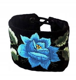 CZARNA BRANSOLETKA FOLK - HAFT ŁOWICKI NIEBIESKA RÓŻA RĘKODZIEŁO