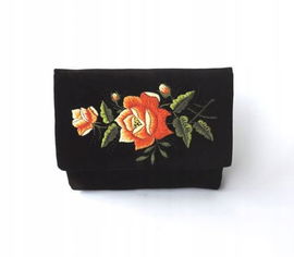 CZARNA KOPERTÓWKA Z HAFTEM ŁOWICKIM - DUŻA POMARAŃCZOWA RÓŻA RĘKODZIEŁO