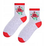 Skarpetki damskie folk - łowicka róża - szare tło - 38-40