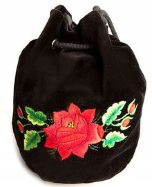 CZARNA TOREBKA WOREK Z WZOREM FOLK - HAFT ŁOWICKI - CZERWONA RÓŻA AKSAMIT