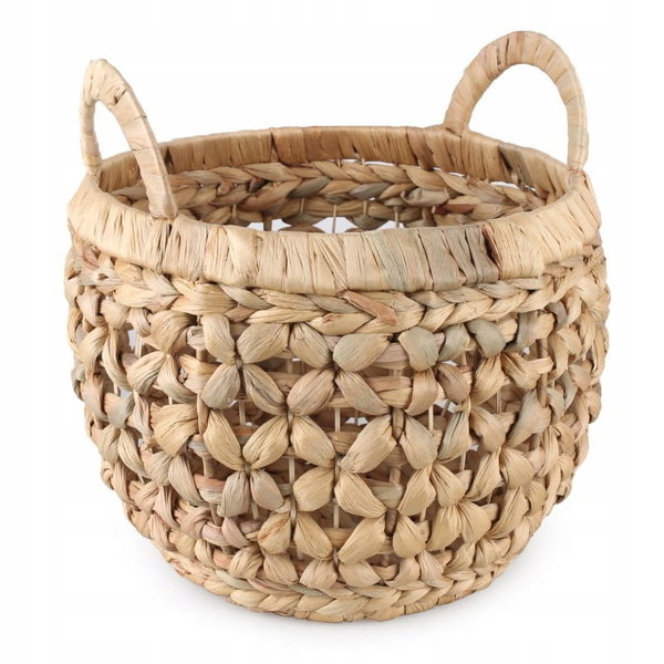 OKRĄGŁY KOSZ BOHO Z HIACYNTA WODNEGO Z UCHWYTAMI 30x30x23/29 cm