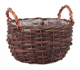 BRĄZOWY OKRĄGŁY KOSZYK WIKLINOWY Z FOLIĄ NA KWIATY 20x20x11/17 cm