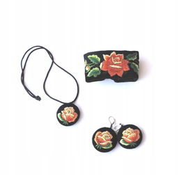 Komplet biżuterii folk z haftem łowickim (pomarańczowe róże)