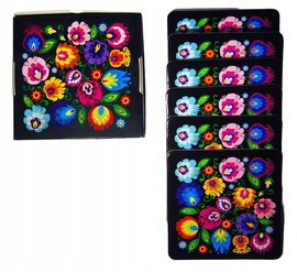 KOMPLET PODKŁADEK KORKOWYCH FOLK (6 SZT.) - WZORY ŁOWICKIE - CZARNE TŁO