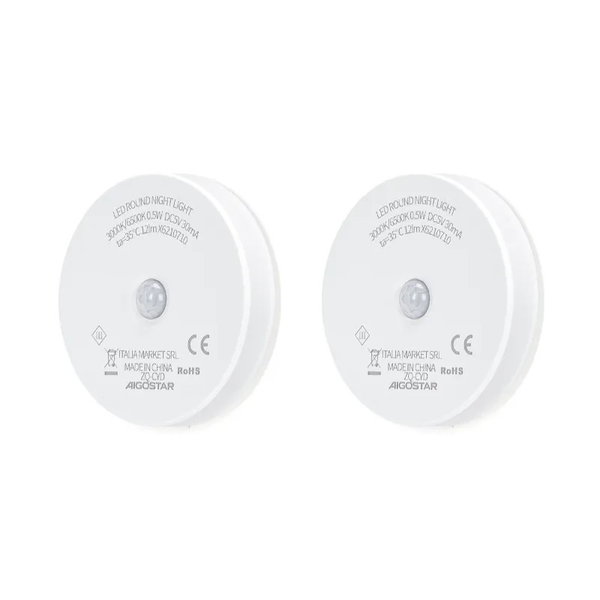 2xLampka nocna okrągła LED z czujnikiem PIR ładowana USB 0.5W/12lm