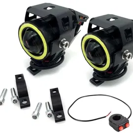 2xHalogen motocyklowy U7 mini z białym ringiem +włącznik na kierownicę