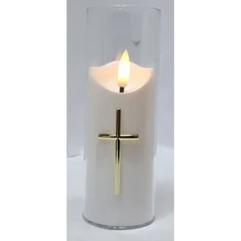 Świeca z krzyżem LED 5.5x15cm w osłonie z efektem płomienia 2xAA