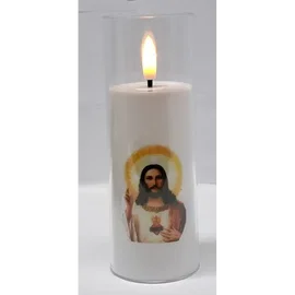 Świeca z św. obrazkiem LED 5.5x15cm w osłonie z efektem płomienia 2xAA