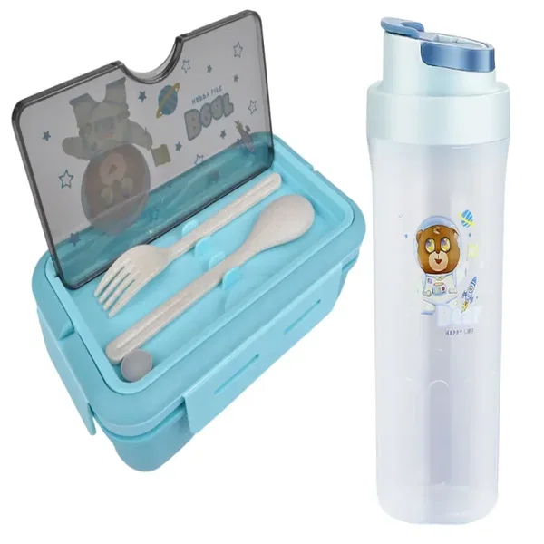 Lunchbox śniadaniówka pojemnik na śniadanie obiad sztućce z bidonem zestaw