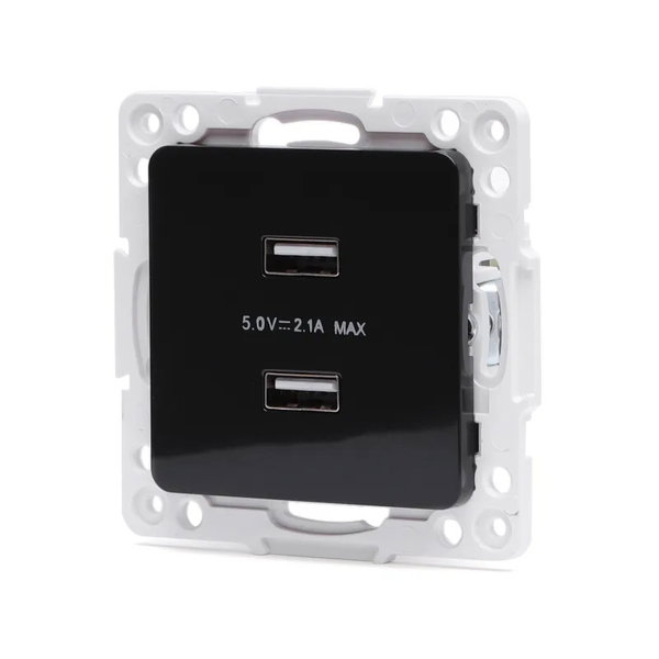 Gniazdo USB podwójne 2 porty USB 2.1A/5V podtynkowe czarne bez ramki