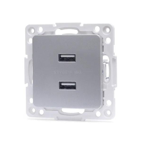 Gniazdo USB podwójne 2 porty USB 2.1A/5V podtynkowe srebrne bez ramki