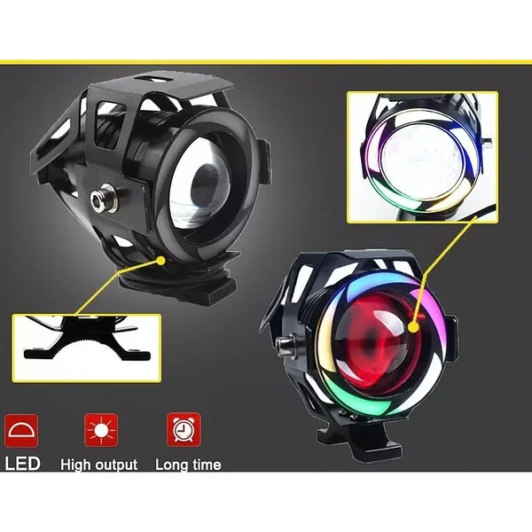 2xHalogen motocyklowy U7 LED z kolorowym ringiem+włącznik kolor czarny