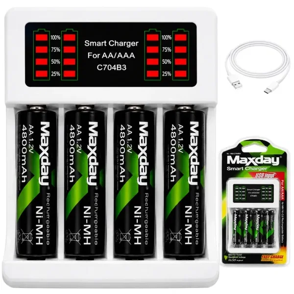 Ładowarka do akumulatorków aa aaa led + 4 akumulatorki aa kabel usb-c