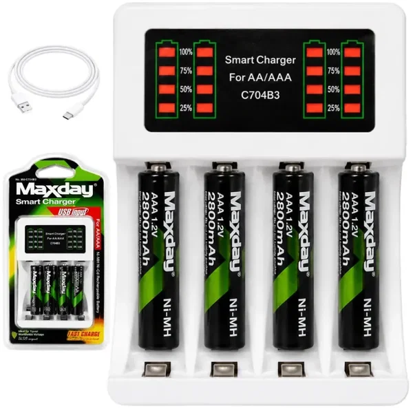 Ładowarka do akumulatorków aa aaa led + 4 akumulatorki aaa kabel usb-c