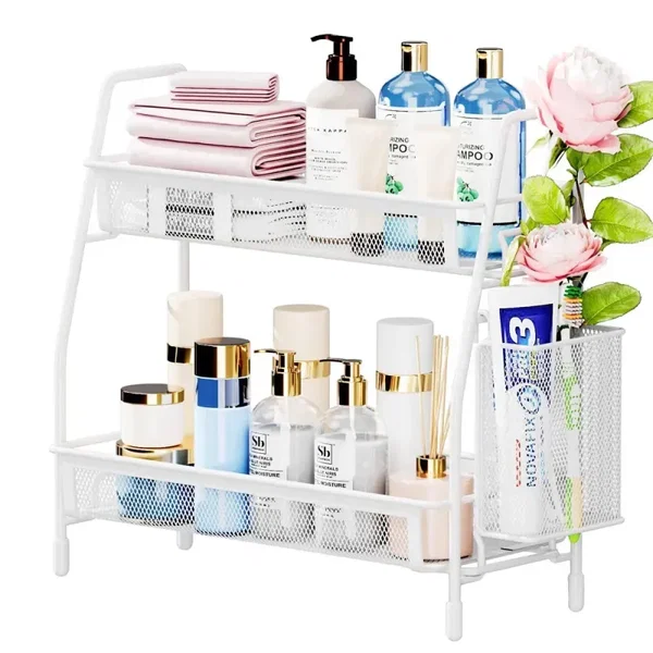 Półka kuchenna biały organizer dwupoziomowy stojący loft z koszyczkiem