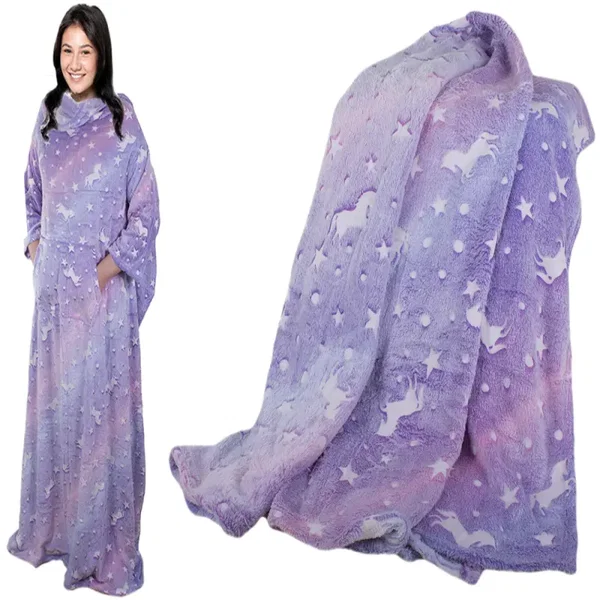 Koc xxl z rękawami polar fioletowa ciepła bluza neon świecący w nocy