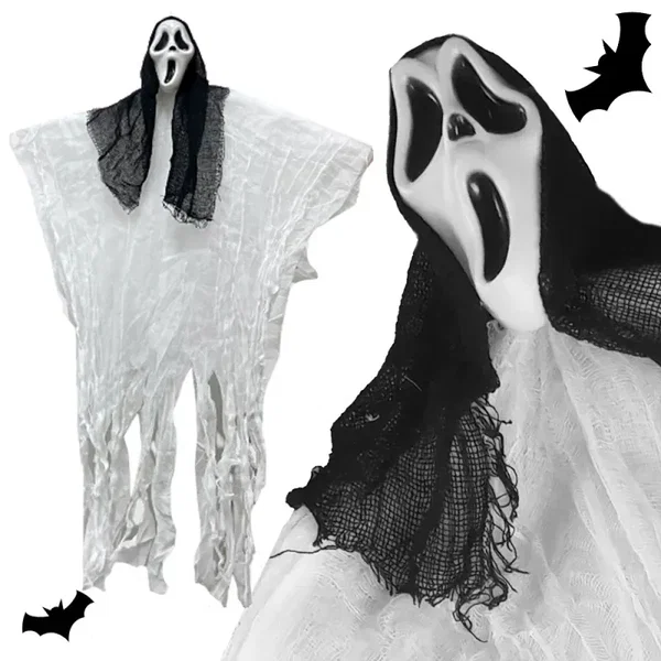 Dekoracja halloween wisząca ozdoba duch maska krzyk zjawa 90 cm