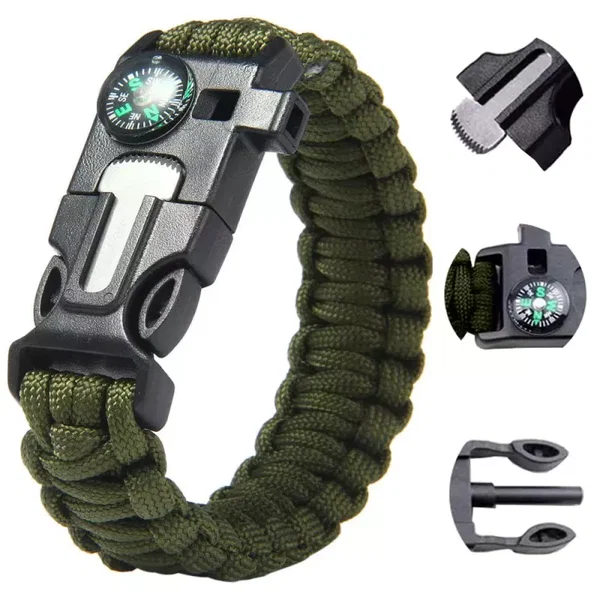 Bransoletka survival opaska 5w1 kompas krzesiwo linka nóż linka paracord