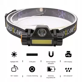 Mała lekka latarka czołowa nagłowna akumulatorowa LED T6+ moduł COB