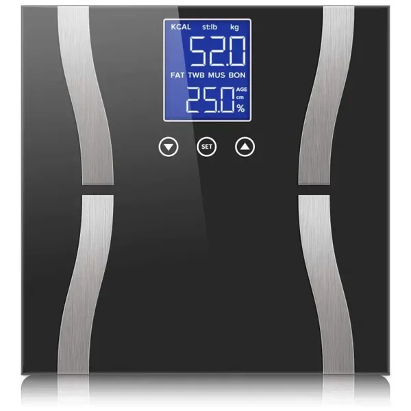 Analityczna waga łazienkowa 180kg szklana lcd zasilana z baterii 2xAAA