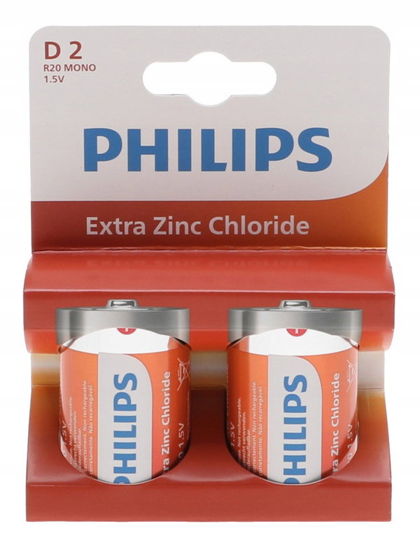 BATERIE Zestaw 2 Sztuki PHILIPS Bateria x2 R20 D Cynkowo-węglowa
