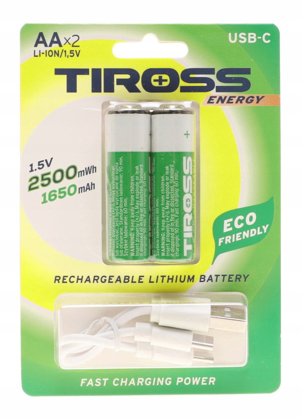 AKUMULATORKI 2szt AA R6 TIROSS Kabel USB-C 1650 mAh Szybkie Ładowanie A6T