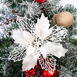 12 szt. brokatowych białych kwiatów śr. 9 cm, ozdoba choinkowa