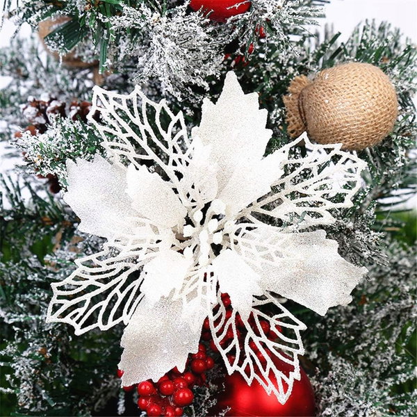 12 szt. brokatowych białych kwiatów śr. 9 cm, ozdoba choinkowa
