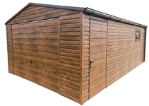 GARAŻ BLASZANY 4m x 6m -Drewnopodobny ciemny orzech Brama drzwi + okno ID79 4x6