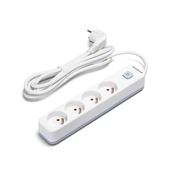 Francuski przedłużacz 4-gniazdowy 3m MAX 2300W z wyłącznikiem w kolorze biało-sz