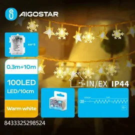 Lampki choinkowe 100 LED gwiazdy i śnieżynki 10 m na 3 baterie AA o ciepłej barw