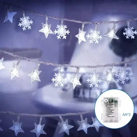 Lampki choinkowe 100 LED gwiazdy i śnieżynki 10 m na 3 baterie AA zimne światło 