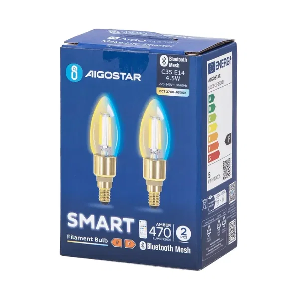 2 x Inteligentna żarówka Bluetooth Mesh C35 4,5W CCT 470lm Aigostar energooszczę