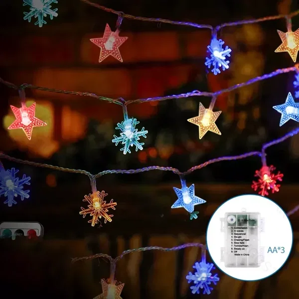 Lampki choinkowe gwiazdy i śnieżynki 50LED multikolor 5m na baterie AA dla wyjąt