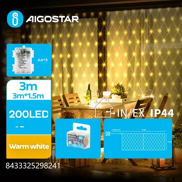 Lampki choinkowe siatka 200led na 3 baterie AA, Ciepła biel, 3m * 3m