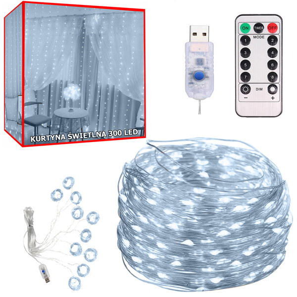Kurtyna mikro 300 LED 3x3 wisząca na drucikach do efektownego dekoru