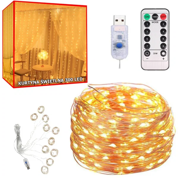 Kurtyna mikro 300 LED 3x3 białe ciepłe druciki wiszące lampki do przytulnego kli