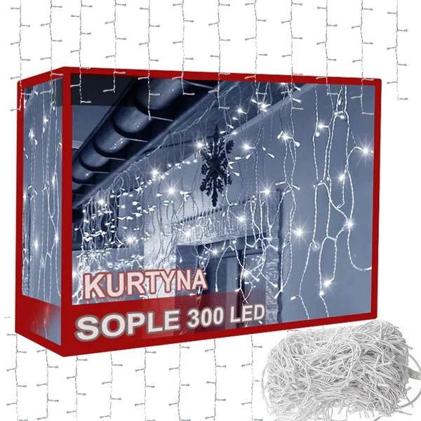 Kurtyna świetlna 300 led biała zimna 10m łączona lampki choinkowe girlanda - Bia