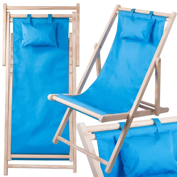 Leżak drewniany składany z poduszką, fotel plażowy ogrodowy niebieski