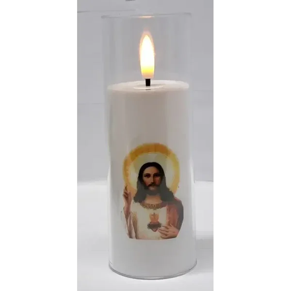 Świeca LED z św. obrazkiem LED 5.5x15cm z efektem płomienia 2xAA na groby
