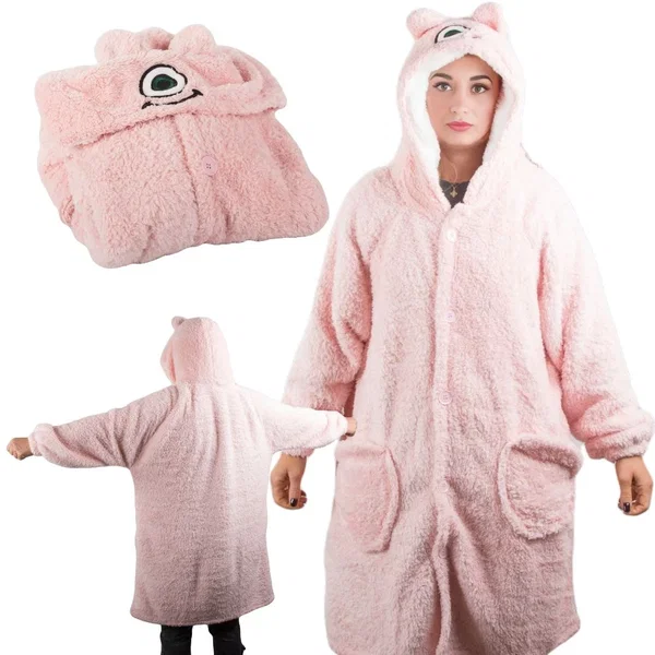 Ciepła bluza koc oversize xl gruba 2w1 futrzak z kapturem kocobluza gruba - Różo